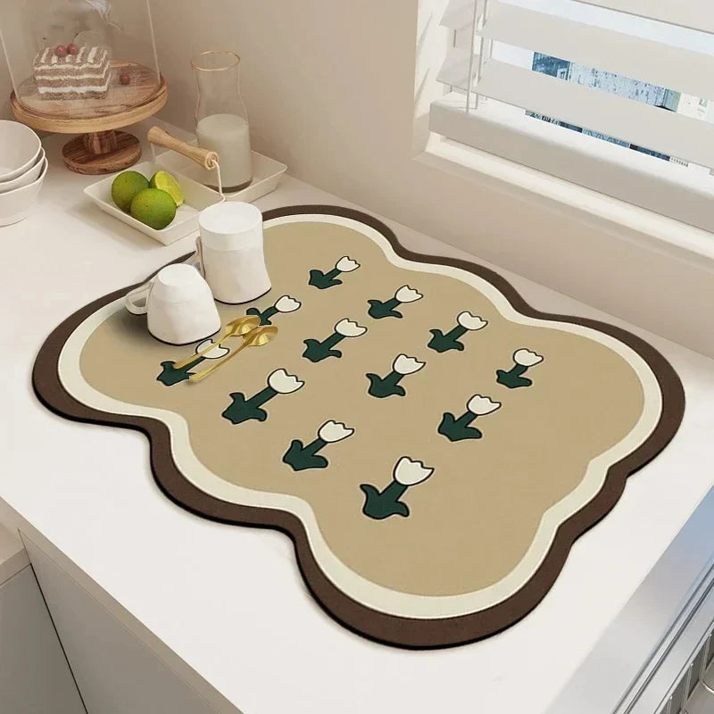 VIKAMA Mantel Individual Súper Absorbente de Mármol Negro para Secar Platos, Alfombrilla Antideslizante para Botellas de Cocina, Vajilla de Lujo para Tetera, Bar, Mostrador
