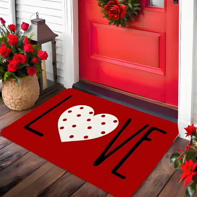 Felpudo de bienvenida de corazón para el Día de San Valentín, rectangular, con diseño de corazón rojo y blanco, lavable a mano para entrada de casa, decoración del hogar