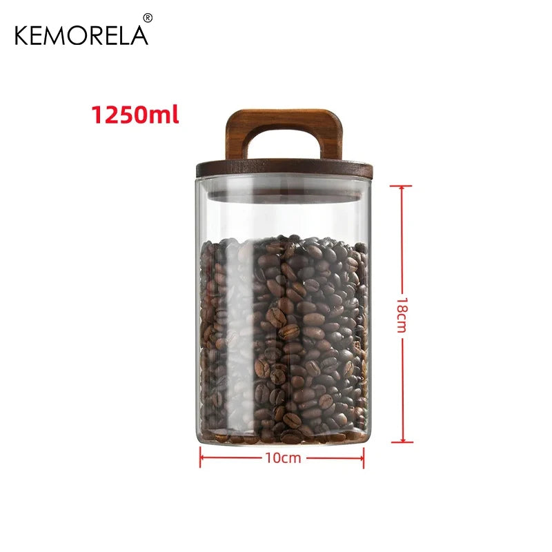 Bote de cristal con tapa de madera, recipiente hermético para alimentos, café, té, granos, tarro de almacenamiento de cocina, tarro sellado para café molido y caramelos
