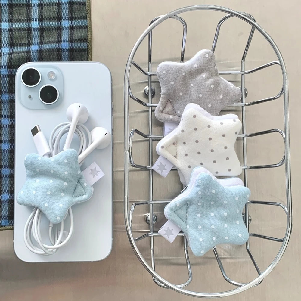 Accesorios de decoración para auriculares japoneses Y2K, bolsa de almacenamiento para auriculares de tela hecha a mano con estrellas y ondas, organizador de cables de datos
