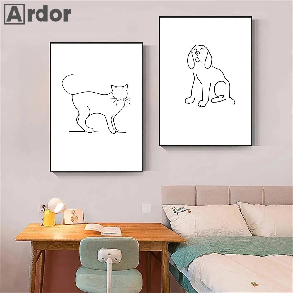 Affiche Chien Chat Abstrait Toile Peinture Dessin au Trait Affiche Murale Noir Blanc Minimaliste Impressions d'Art Nordique Image Décoration Maison