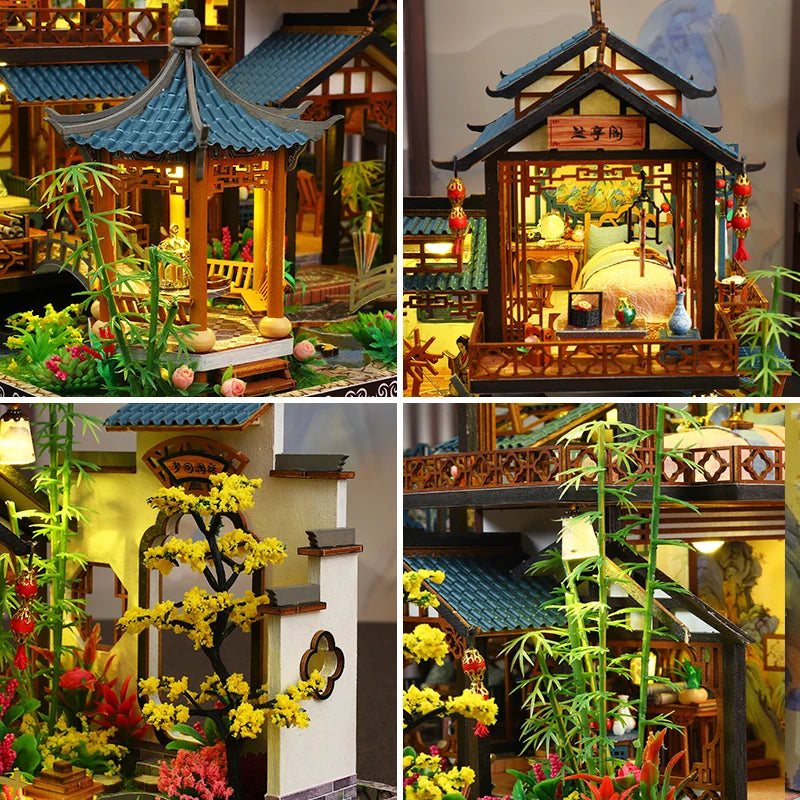 Kit de construction miniature Pavillon d'orchidées élégant DIY - Modèle 3D fait main style Ancien chinois, créatif Noël noir