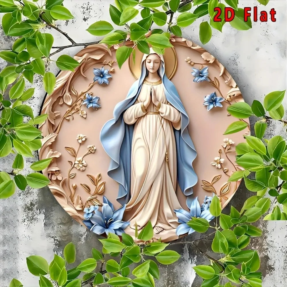 Decoración de pared de aluminio vintage de la Virgen María - Arte redondo de 8x8" con temática de María, regalo de Navidad para el hogar y la cocina