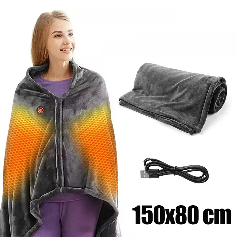 Couverture Chauffante Portable Châle Électrique 3 Niveaux de Chaleur Couverture Plaid 5V USB Velours Corail 8 Zones de Chauffe Chauffage Rapide