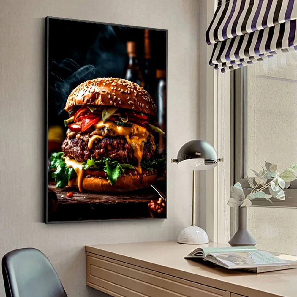 Póster de lienzo impreso para pared con diseño de pollo, comida, hamburguesa, patatas fritas, pollo y salmón, para sala de estar, hogar, restaurante y decoración