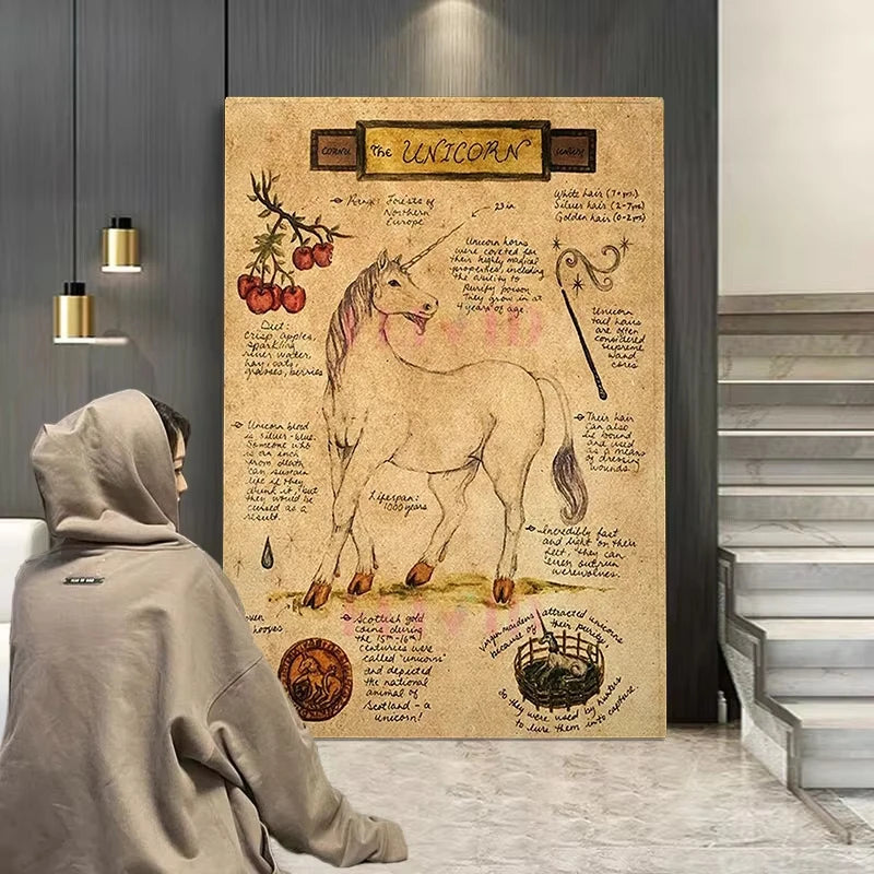 Póster de Unicornio Vintage con Estética Animal, Arte de Pared de Dementor y Dragón, Decoración de Monstruos Mágicos para Halloween, Brujas, Cocina o Habitación