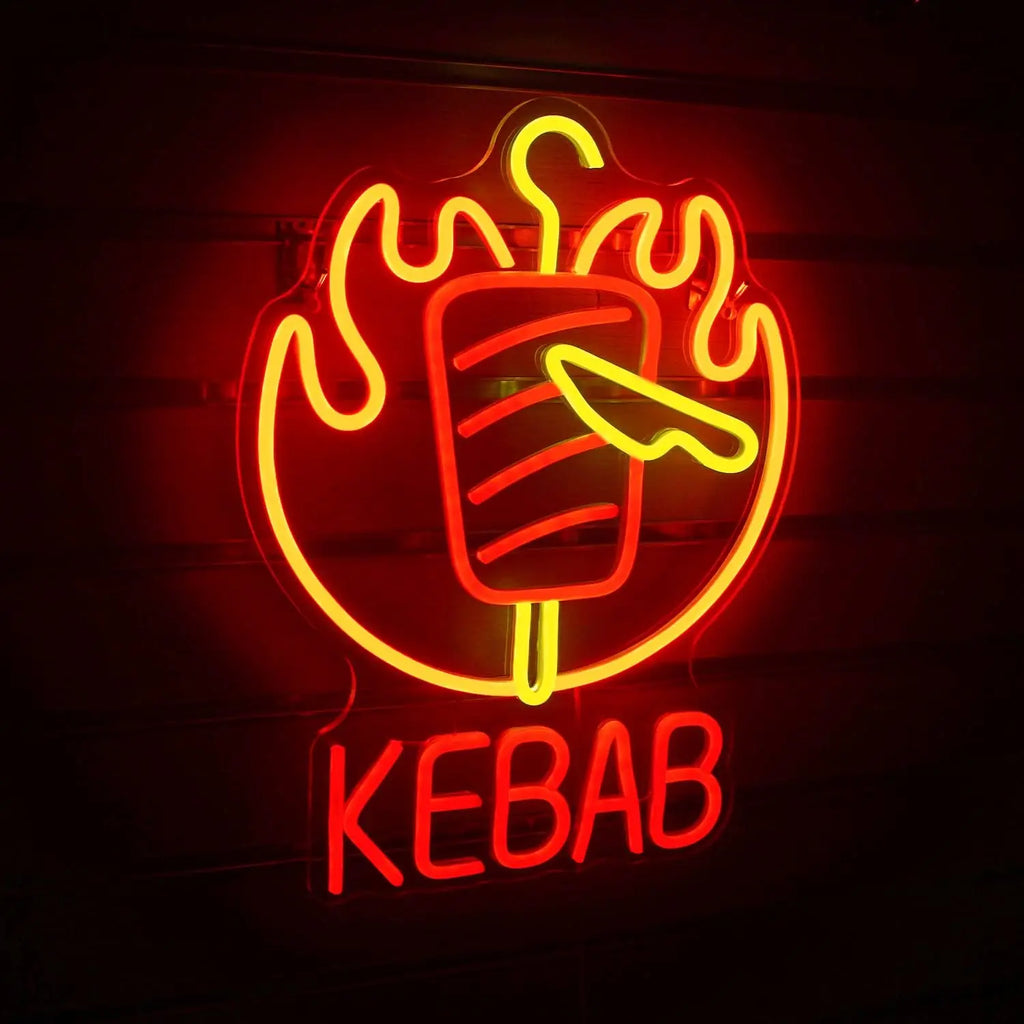 Enseigne au néon LED KEBAB avec flammes et couteau pour restaurant kebab, bar, décoration intérieure, fête, enseigne publicitaire unique