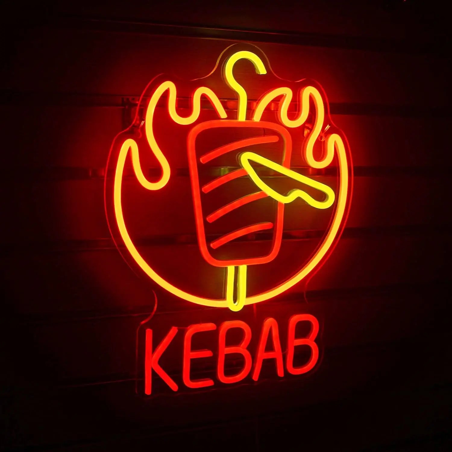 Enseigne au néon LED KEBAB avec flammes et couteau pour restaurant kebab, bar, décoration intérieure, fête, enseigne publicitaire unique