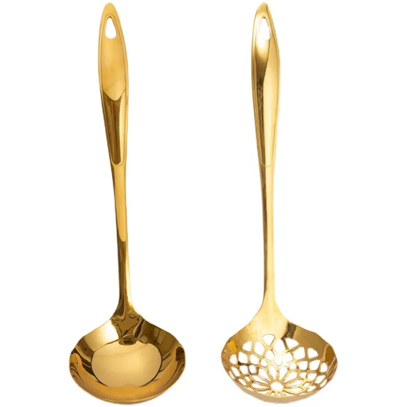 Cuillère à soupe commerciale en acier inoxydable à long manche, cuillère à pot chaud, grande cuillère à soupe dorée, pot chaud, 2 en 1