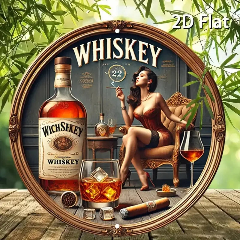 1 letrero de metal redondo vintage con temática de whisky - Diseño de logotipo inspirado en mujer del whisky y James Bond, arte de whisky escocés y bourbon