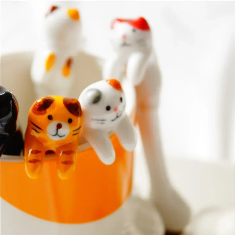 Taza de café de cerámica Ins, cuchara mezcladora para colgar, cuchara de postre para helado, cuchara colgante de gato tridimensional pintada a mano
