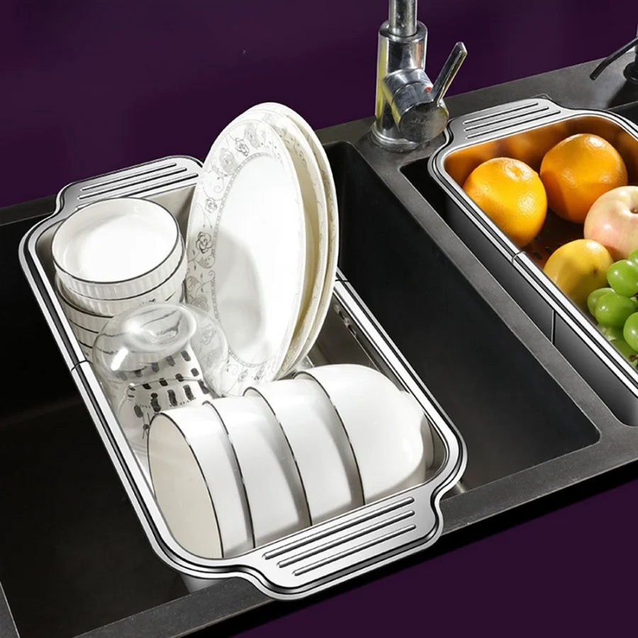 Cesta de filtro de fregadero telescópica de acero inoxidable, longitud ajustable, utilizada para lavar frutas, escurrir espaguetis y vajilla