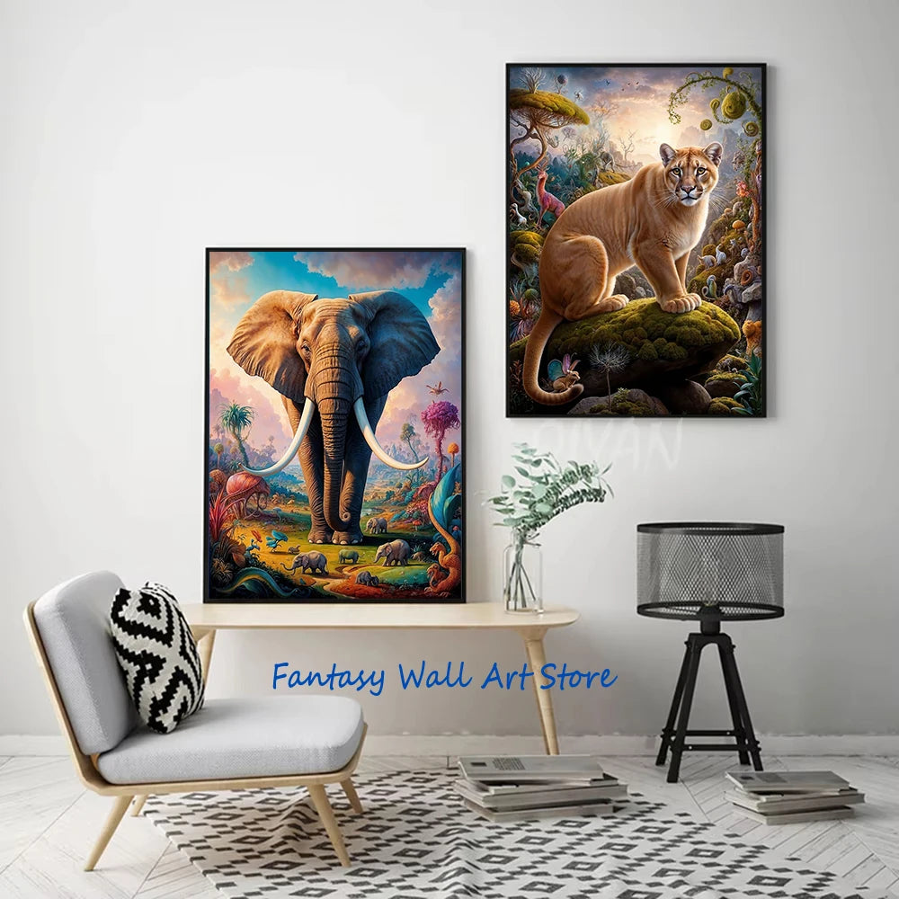 Safari Surrealista Animales Salvajes Cartel Animal Espiritual Estética de Pared Mundo Surrealista León Elefante Tigre Conejo Zorro Impresiones en Lienzo
