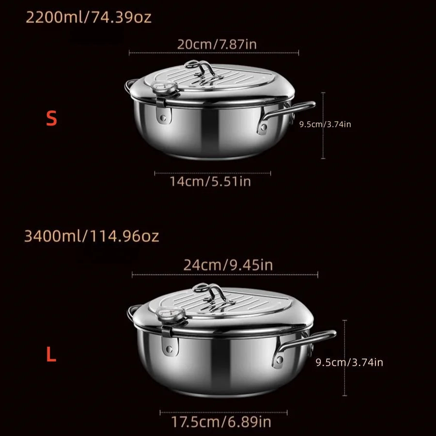Olla japonesa para freír con termómetro y tapa, sartén freidora de tempura de acero inoxidable 304, 20 24 cm