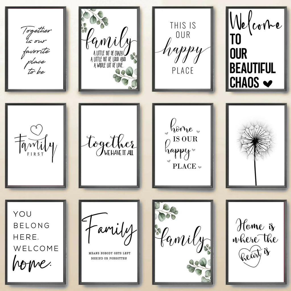 Feliz Familia Cita Arte de Pared Póster Blanco Negro Impresión de Corazón de Amor Pintura en Lienzo Nórdico Imagen Minimalista Decoración de Sala de Estar Dormitorio