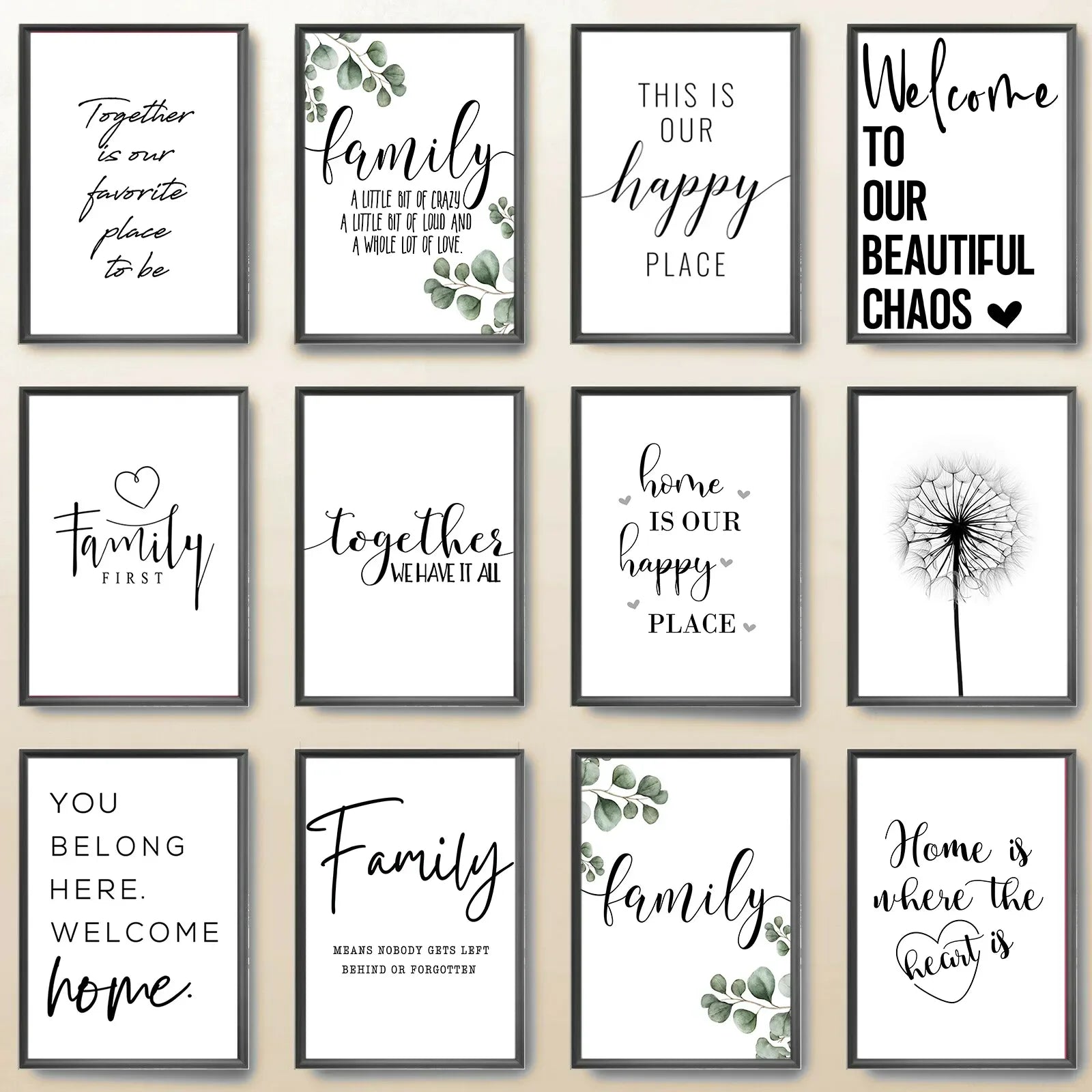 Feliz Familia Cita Arte de Pared Póster Blanco Negro Impresión de Corazón de Amor Pintura en Lienzo Nórdico Imagen Minimalista Decoración de Sala de Estar Dormitorio