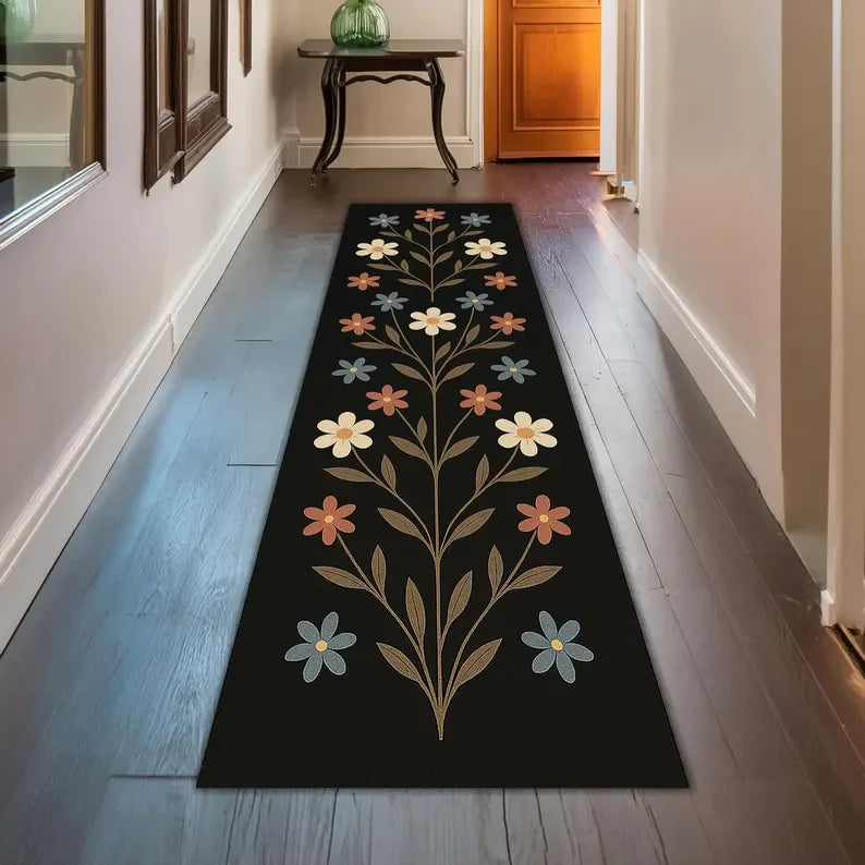 Tapis de couloir romantique de style campagnard français, effet brodé, vintage, cottagecore, fleuri rose et vert, décor shabby chic