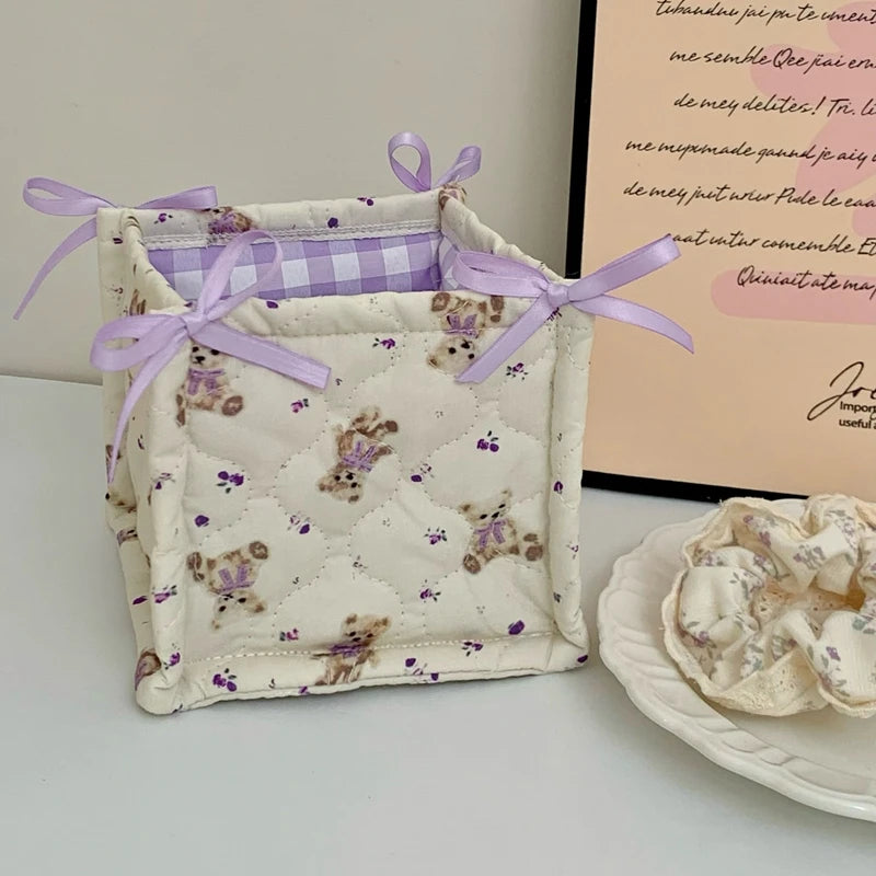 Cesta de almacenamiento cuadrada con encaje y flores, organizador de escritorio, cesta de almacenamiento acolchada coreana, bonita cesta de almacenamiento, decoración del hogar