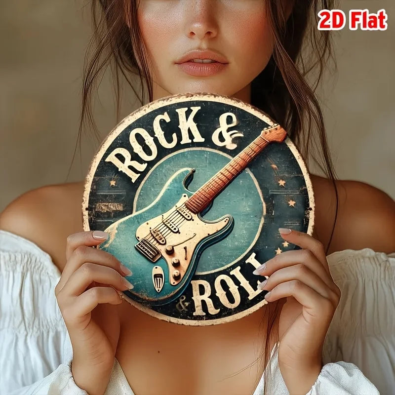 Señal de hojalata de metal de aluminio, con temática de guitarra de rock and roll, 2D PLANA, 1 pieza, arte de pared grabado en lámina para el hogar y la oficina