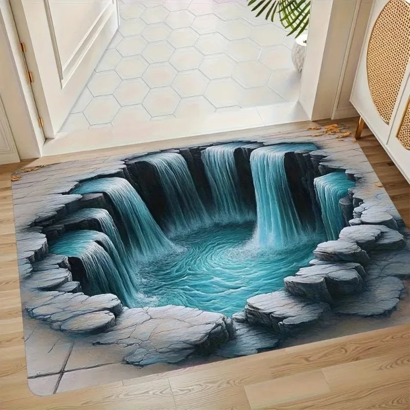 Alfombrilla de puerta con ilusión óptica 3D de cascada, paisaje natural, felpudo de bienvenida, antideslizante, absorbente de agua, alfombra de decoración para el hogar