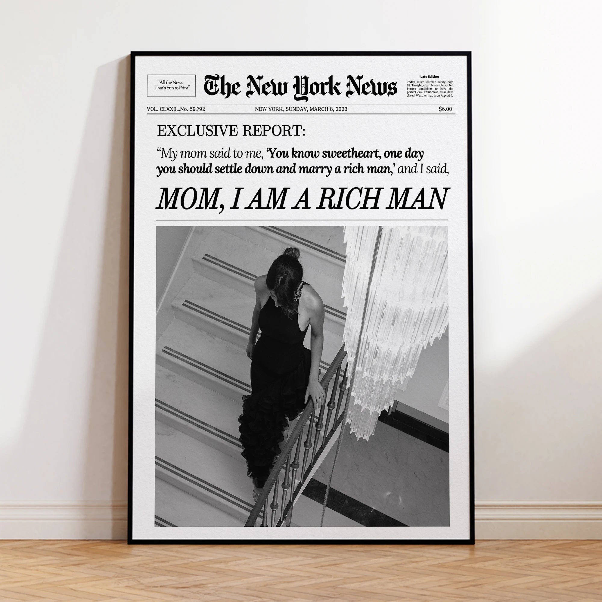 Modern Mom I Am a Rich Man Newspaper New York News RetroWall Art Canvas Painting Posters For Living Room Bar Cart Home Decor