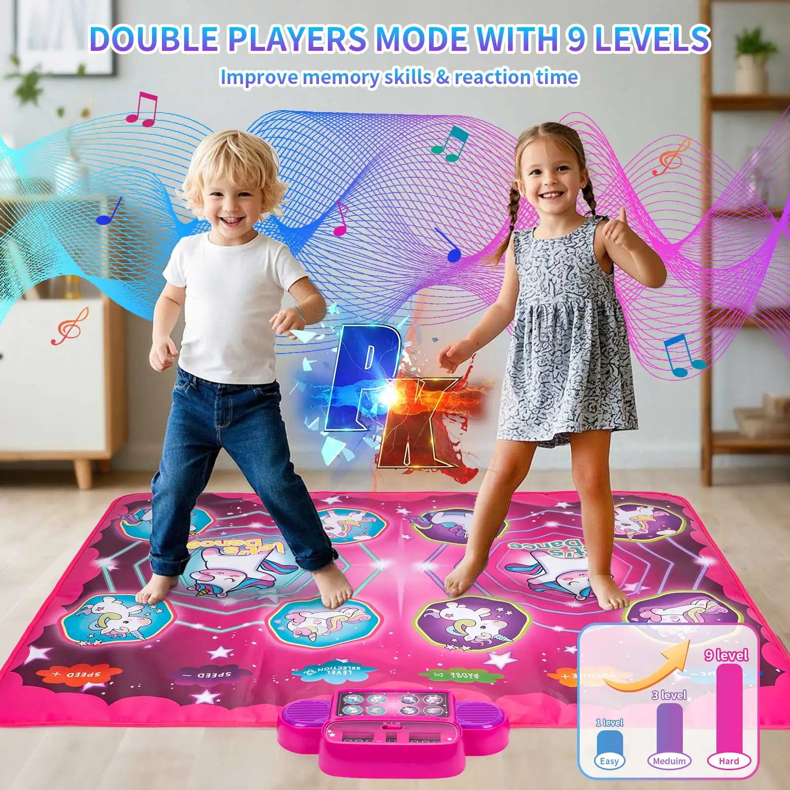 Tapis de danse pour enfants Couverture de musique électronique Tapis de sol pour enfants Mode double joueur avec 9 niveaux Jouets éducatifs Cadeaux pour enfants