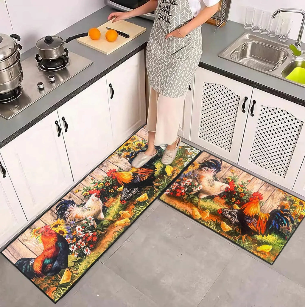 VIKAMA 1/2 piezas Alfombra de cocina con gallo para decoración del hogar, tapete decorativo de estilo rústico de granja, tapete antideslizante para pasillo