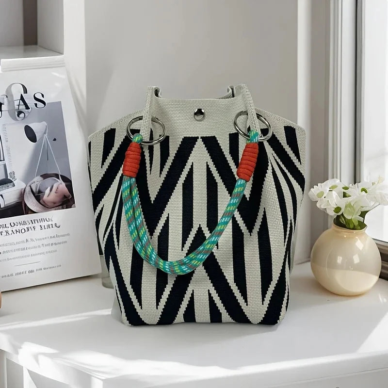 Bolso tote de punto vintage floral para mujer, bolsa de almacenamiento ligera con correas ajustables y anillos de metal, cierre de broche para viajes casuales