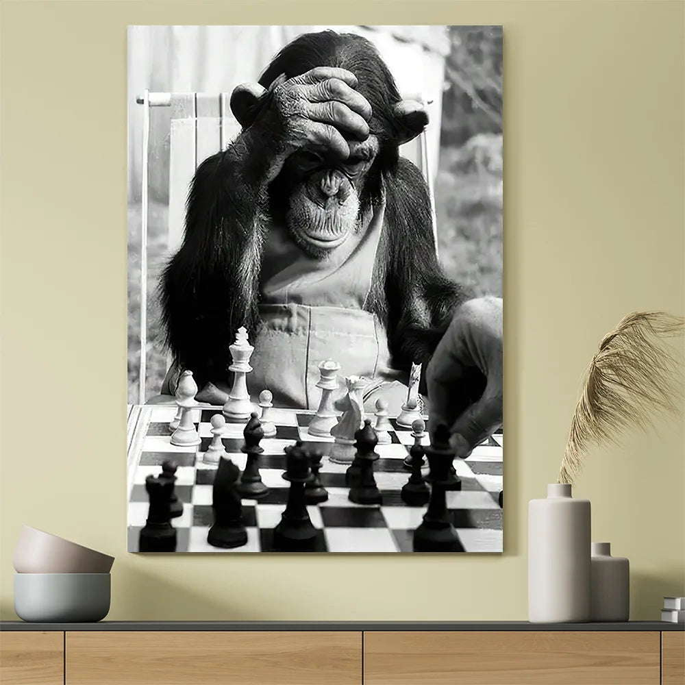 Classic Vintage Animal Wall Art Monkey Playing Chess HD Canvas Printed Poster Home Living Room Bedroom Decorative Painting