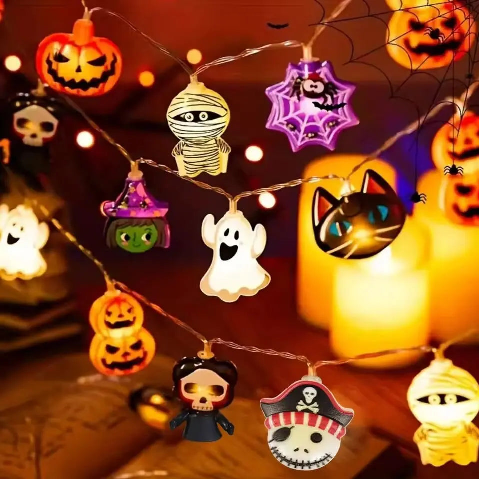 1 guirlande lumineuse d'Halloween 10/20 LED à piles en forme de fantôme, sorcière, chat, citrouille, toile d'araignée, squelette, momie, pirate pour l'intérieur