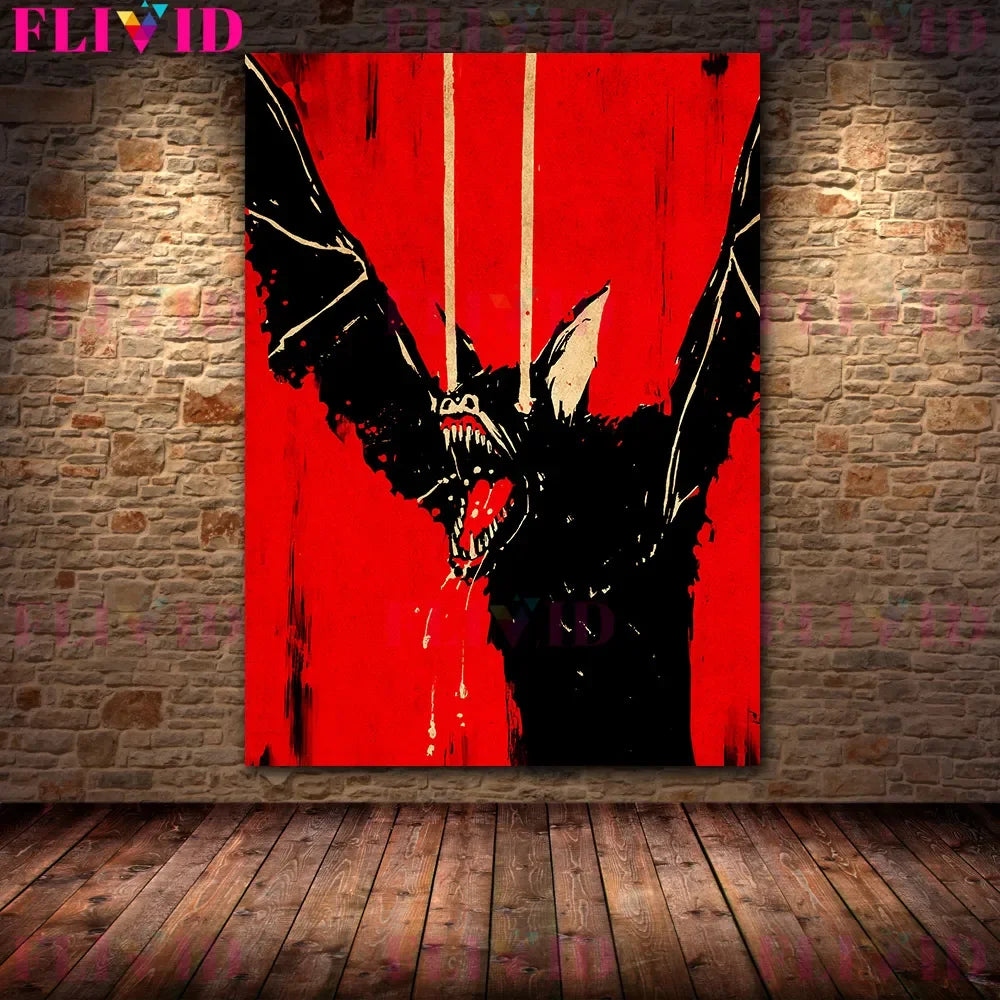 El lobo devora el cordero y el cuervo sangriento de la luna llena arte de pared vintage, animales de terror, póster e impresión de arte de minimalismo