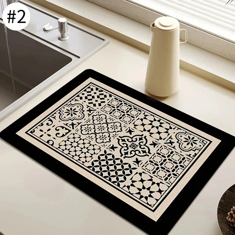 VIKAMA Mantel Individual Súper Absorbente de Mármol Negro para Secar Platos, Alfombrilla Antideslizante para Botellas de Cocina, Vajilla de Lujo para Tetera, Bar, Mostrador