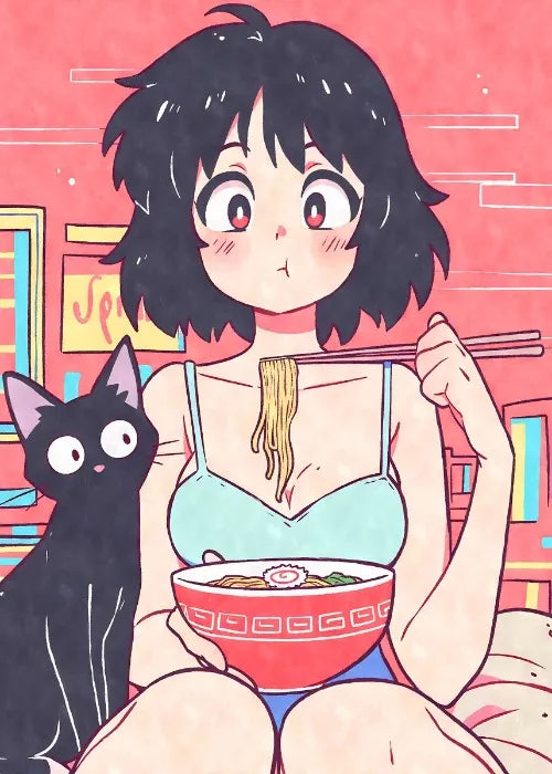 Cat Ear Anime Girl Eating Ramen Poster Aesthetic Anime Ramen Art Prints Japanese Style Cartoon Decor Sexy Girl Canvas Painting