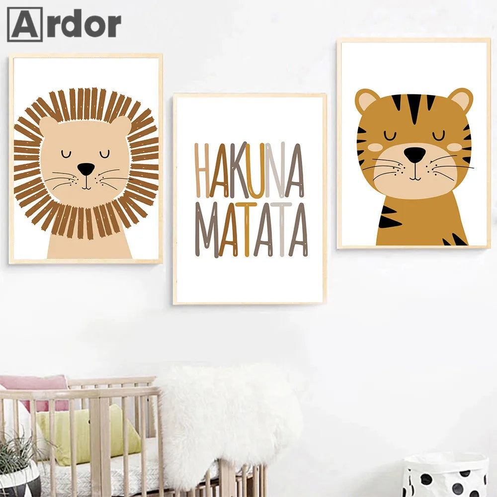 Póster artístico HAKUNA MATATA, lienzo para cuarto de bebé, pintura de animales de león, pósters de tigres, cuadros de pared nórdicos, decoración de habitación infantil