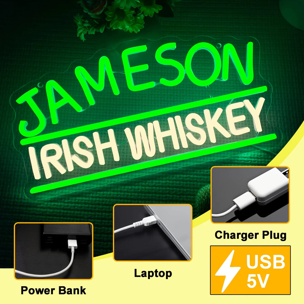 Letrero de neón del logotipo de la marca de whisky irlandés Jameson, luz de neón LED para el hogar, bar, pub, cueva de hombre, decoración de pared, regalo para amantes del whisky