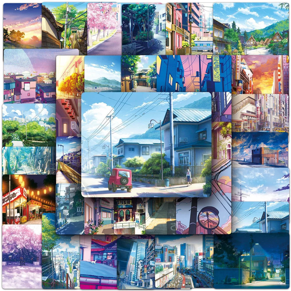 10/30/50pcs Pegatinas de Anime Dibujos Animados Vista Urbana Paisaje Calcomanía Estética Álbum de Recortes Teléfono Diario Laptop Pegatina Impermeable Juguete para Niños