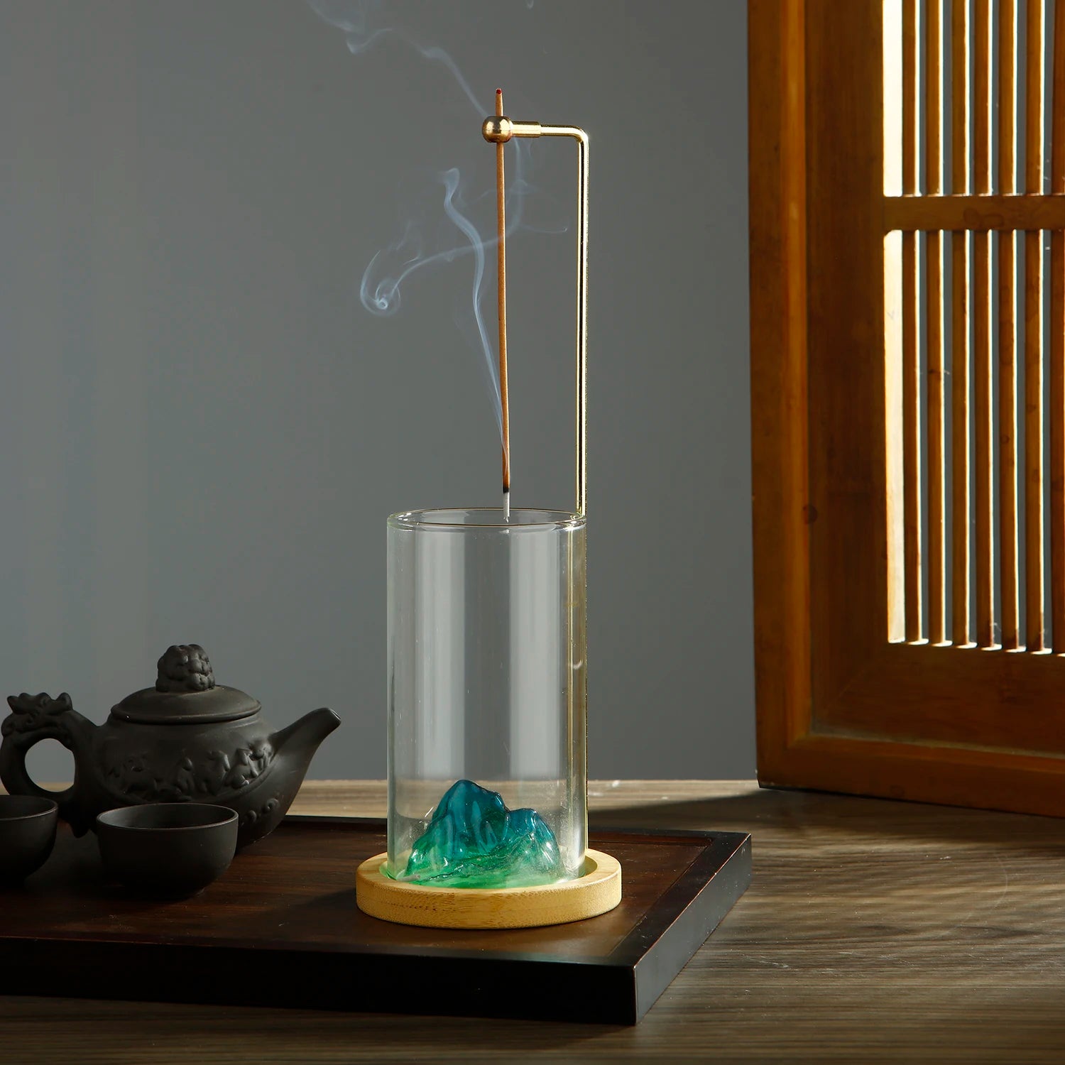 Glass Mountain Incense Holder for Sticks Incense Sticks Holder with Cord Lock Anti-Ash Flying Incense Burner with Ash Catcher