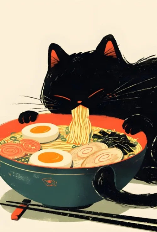 Póster Vintage Japonés Gato Comiendo Ramen Sushi Maneki Neko Arte de Pared de Cocina Gato Japonés Neko Decoración de Pared Lienzo Pintura Restaurante