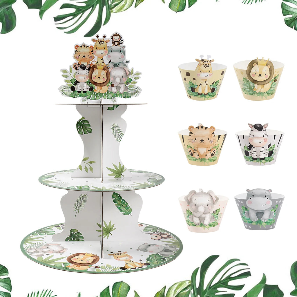 Présentoir à cupcakes Safari Animaux de la Jungle Décorations de Fête d'Anniversaire Baby Shower Support à Gâteaux Fournitures de Fête d'Anniversaire Thème Animaux Sauvages pour Enfants