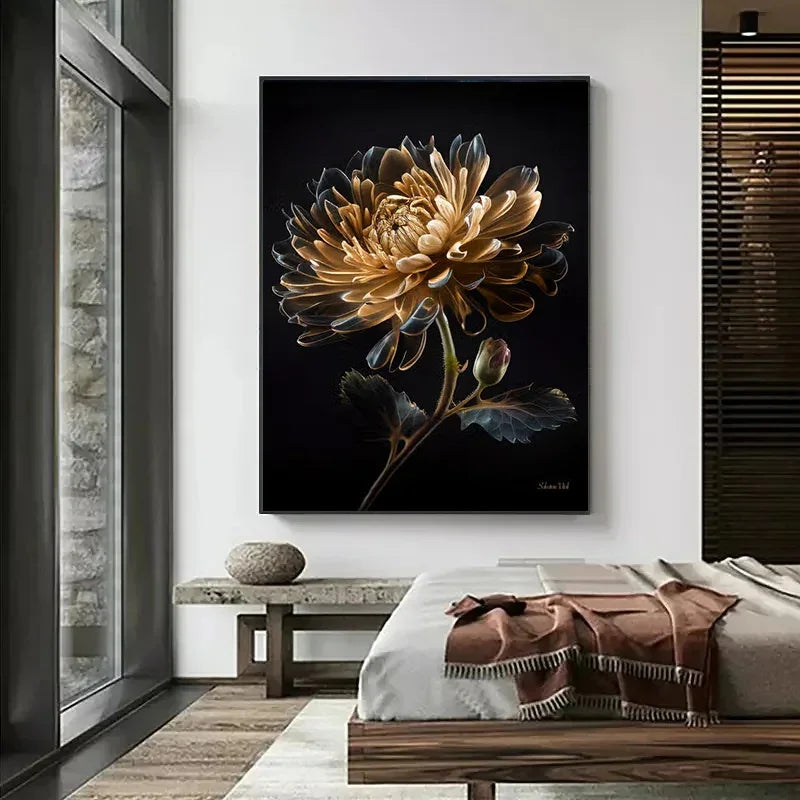 Classic, Vintage, Wall Art, Gold Black Roses Sunflowers, HD Canvas Printed Poster, Home Living Room Bedroom Decoration