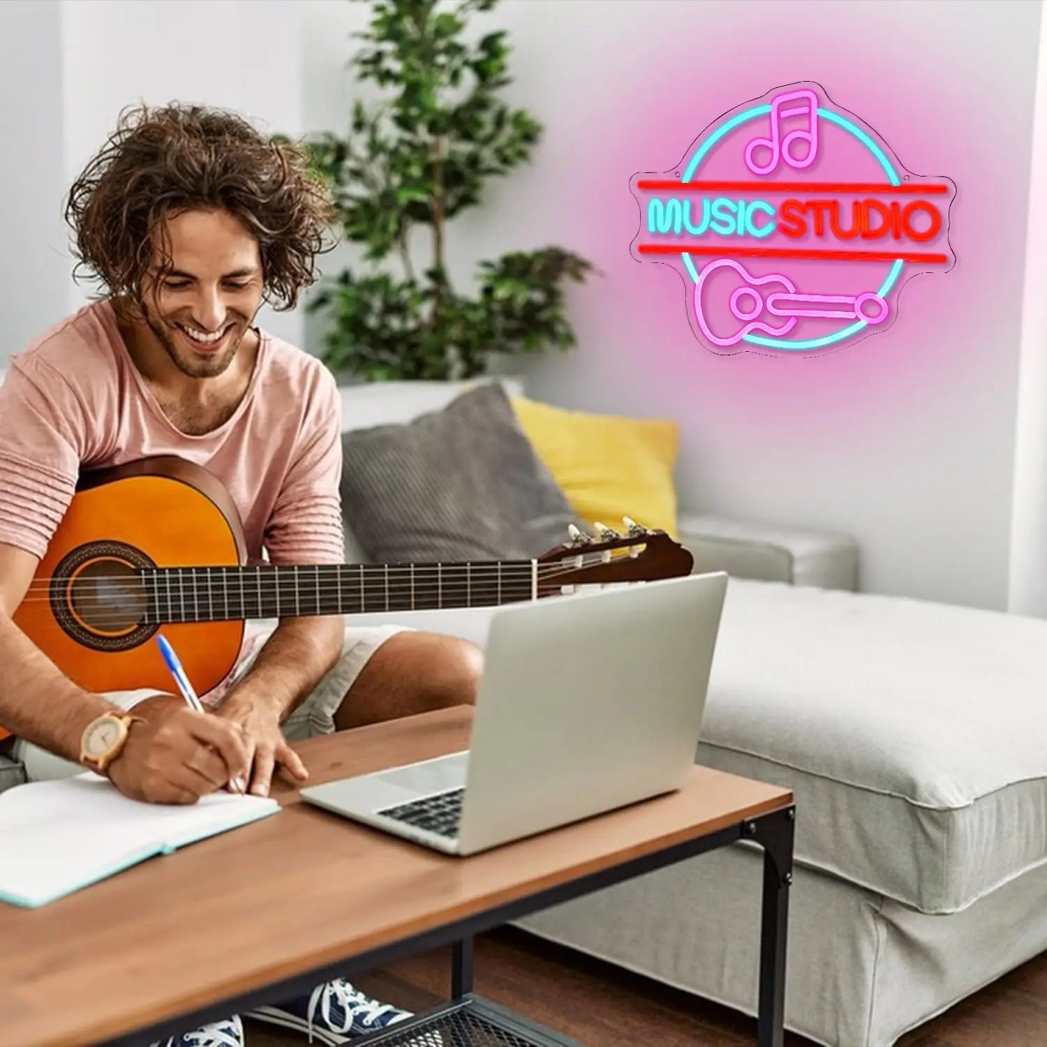 Music Studio Neon Sign with Pink Note and Guitar for Home Studio Bar Band Room Vintage LED Wall Art Glowing Decoration