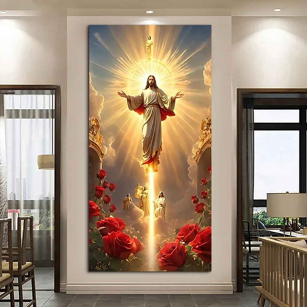 Classic Vintage Wall Art Jesus Ascension with Rose Scene, HD Canvas Print Poster, Home Living Room Bedroom Decoration