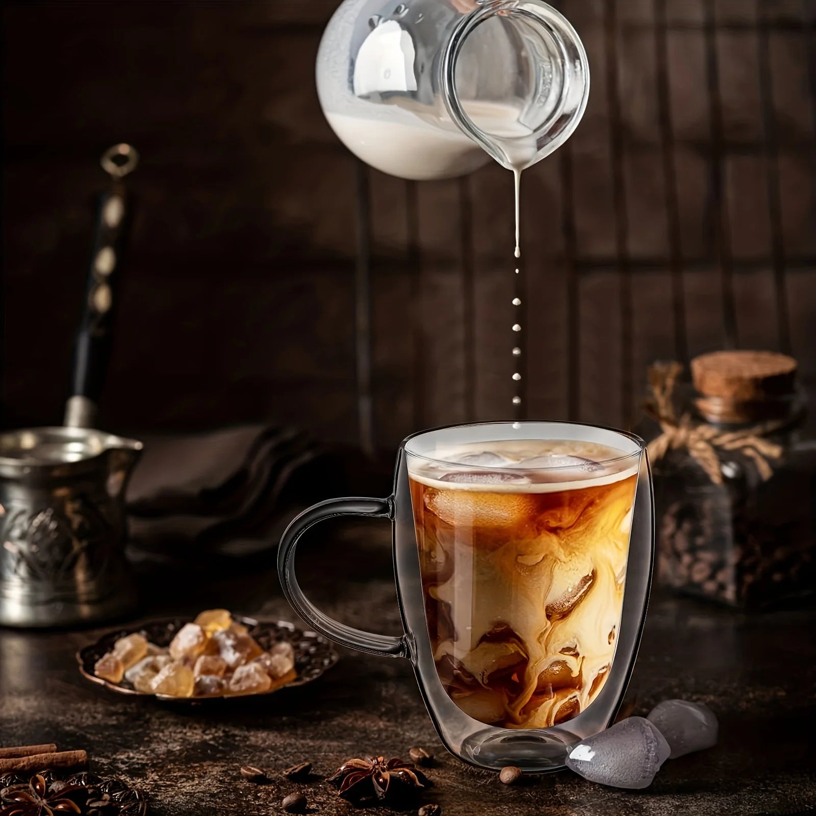 2/4/6 Tazas de café de cristal de doble pared de 350 ml con asa, taza de capuchino de cristal transparente para café, leche, té, zumo