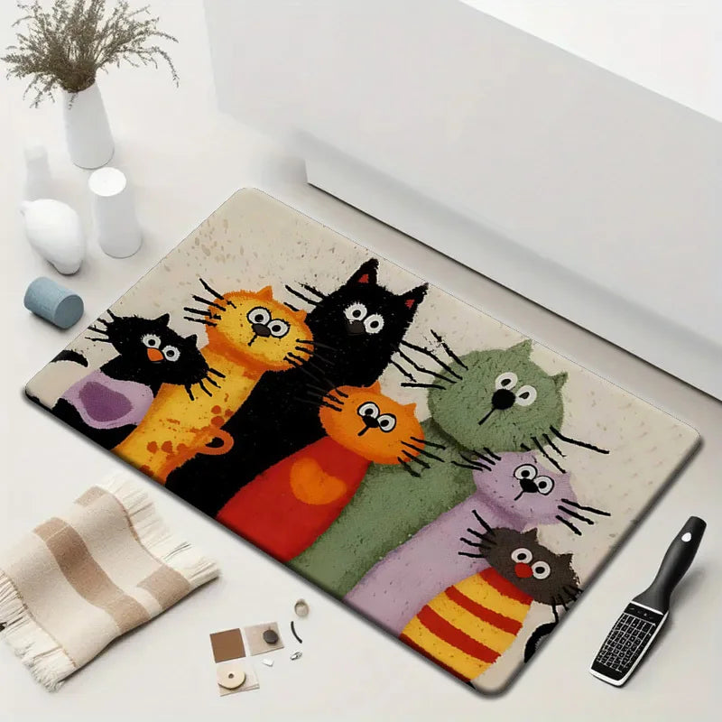 VIKAMA Adorable Tapis de dessin animé Chat Famille Tapis de bienvenue Paillasson Tapis de cuisine Tapis pour salon Tapis de salle de bain Tapis pour chambre à coucher Maison