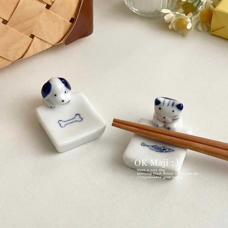 Porte-baguettes Kawaii Chat Chien en céramique, support pour couteau, cuillère, fourchette, vaisselle, porte-baguettes, décoration de table de salle à manger, fournitures de cuisine