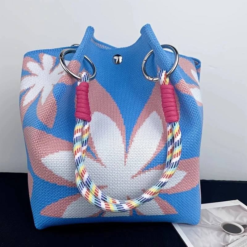 Bolso tote de punto vintage floral para mujer, bolsa de almacenamiento ligera con correas ajustables y anillos de metal, cierre de broche para viajes casuales