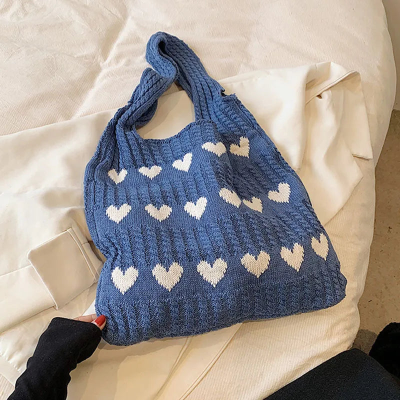 1 Bolso de Punto, Bolso Tote con Forma de Corazón, Bolso de Hombro Diagonal para Mujer, Bolso Tejido Moderno y Personalizado