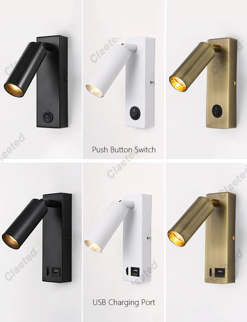 Nouvelle Applique Murale LED avec Interrupteur, en Laiton Noir, Lampe de Lecture Murale Créative avec Port USB et Spot de 3W pour Chambre à Coucher, Chevet