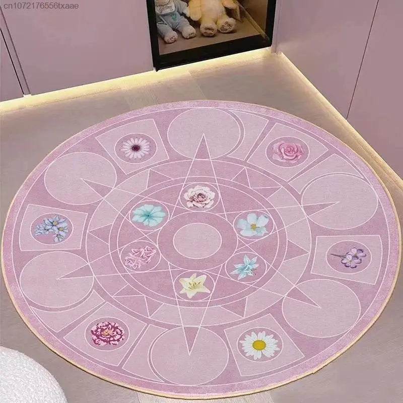 VIKAMA Alfombra Redonda Rosa para Dormitorio junto a la Cama, Alfombra Floral de Princesa para Habitación de Invitados, Cojín de Lujo para el Hogar, Decoración del Hogar
