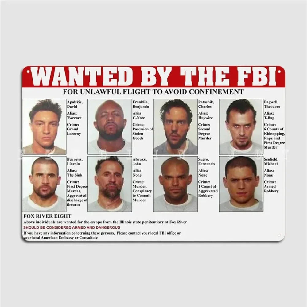 BarMovieArt Prison Break FBI Placa Metálica - Cartel de Se Busca de hojalata con fotos policiales de presos icónicos y logotipos del FBI, decoración impresionante